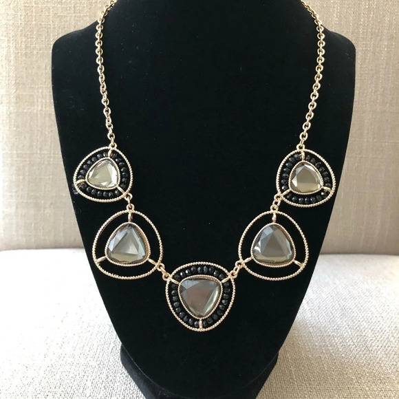 Geo Gold Black Crystal Beaded Statement Necklace - Picture 1 of 7